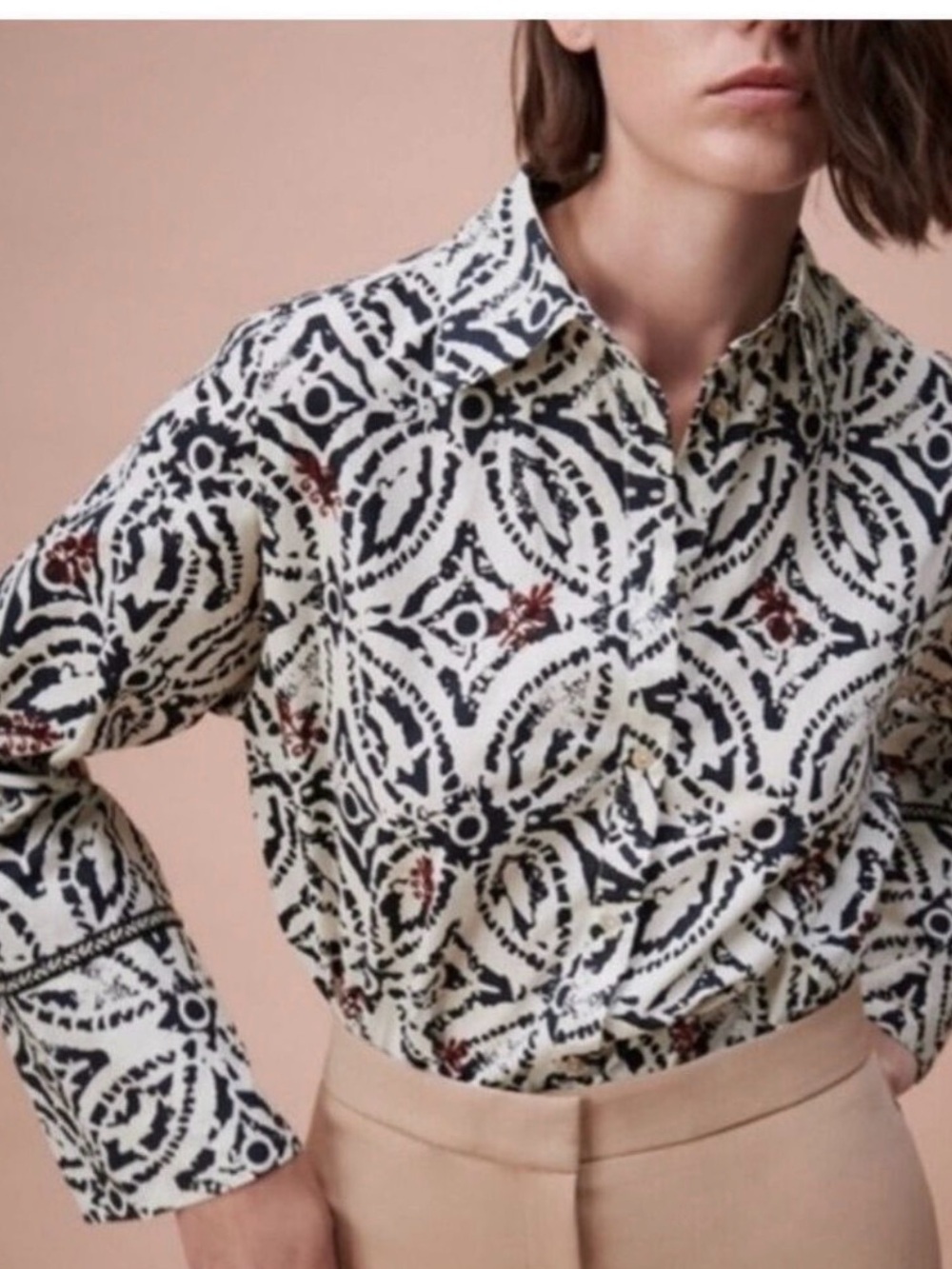 Zara NEW block print batik Oversized button front collared blouse Small NEW